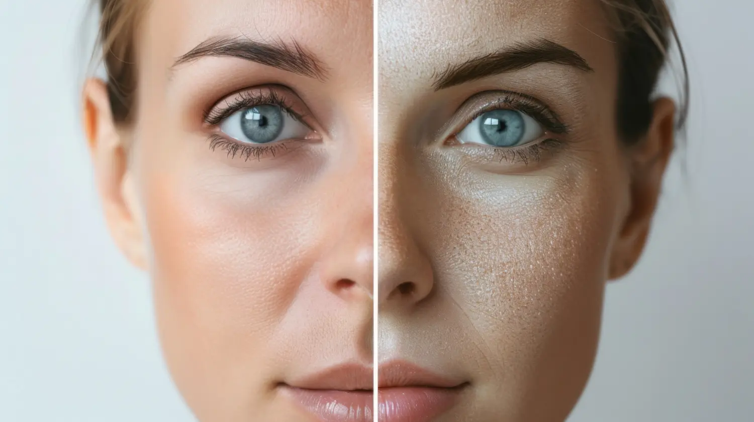 Close-up photo showing a womans face split in half: left side with clear, healthy skin and right side with visible signs of dryness and uneven tone. 